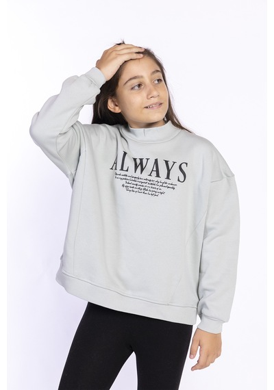 Toontoy Kız Çocuk Baskılı Balıkçı Yaka Sweatshirt Gri