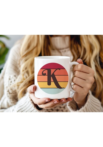 K Harfi Retro Renkli Kupa Bardak - Vintage Tarz Yuvarlak Harfli Kahve Kupası - Kişiye Özel Hediye Beyaz