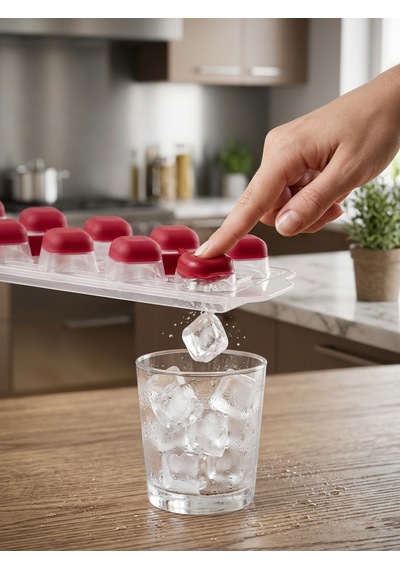 House More Kapaklı Buz Kalıbı - Silikon Tabanlı Kolay Çıkarılabilir Hazneli 4 Renk Seçenekli Kırmızı