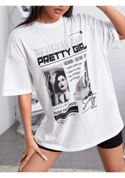 Unisex Beyaz Preetty Girtl Baskılı Oversize T-shirt 001