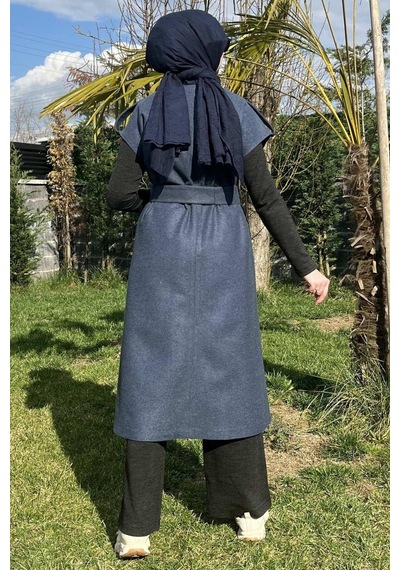 Rabia Şamlı Apoletli İndigo Yelek Normal