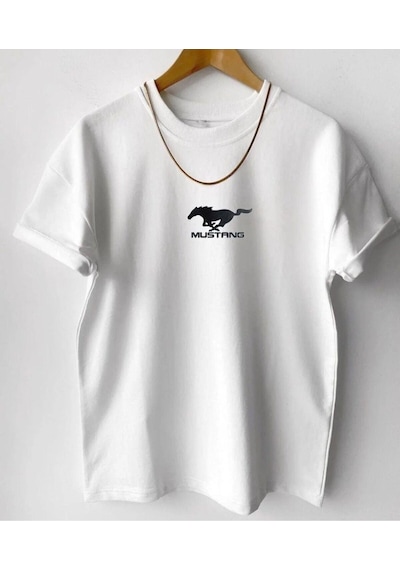 Hırsch Unisex Oversize Beyaz Bisiklet Yaka Mustang Baskılı T-shirt BEYAZ
