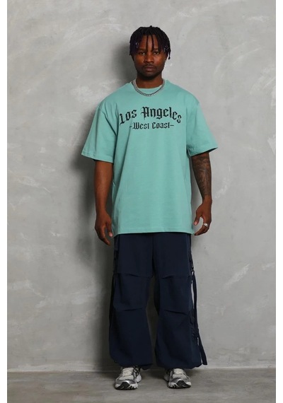 Erkek Kısa Kol Tişört Bisiklet Yaka Kanat Baskılı Oversize T-shirt - Mint Yeşili