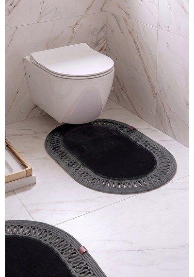 Banyo Paspası Takımı 60x100+40x60 Cm İç Trikot Siyah & Antrasit Gri