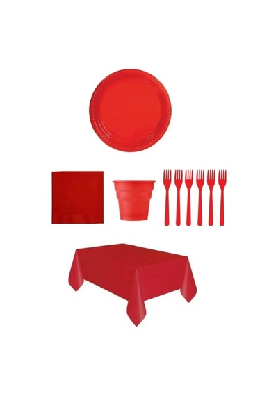 Kırmızı Renk Plastik Tabak, Bardak, Çatal, Peçete Ve Tek Kullanım