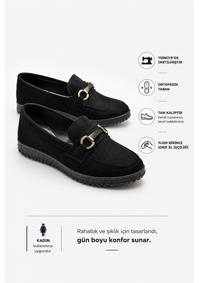 Homiro Kadın Tokalı Günlük Loafer Süet Ayakkabı- Siyah