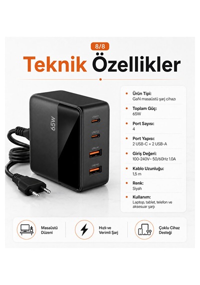 65w Gan Masaüstü Şarj Cihazı 4 Port 2 Usb-c 2 Usb-a Lcd Göstergeli