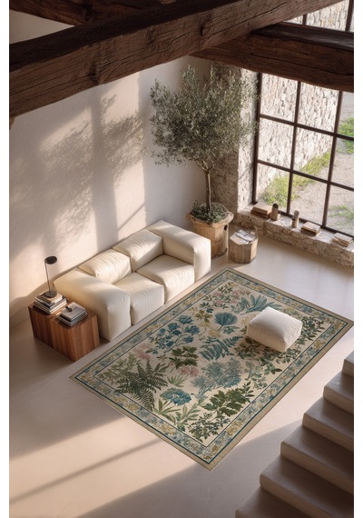 Garden 815 Bej Yeşil Botanik Çiçekli Halı Yıkanabilir İnce Dokuma Taban Salon Oturma Odası Halısı Bej Yeşil E