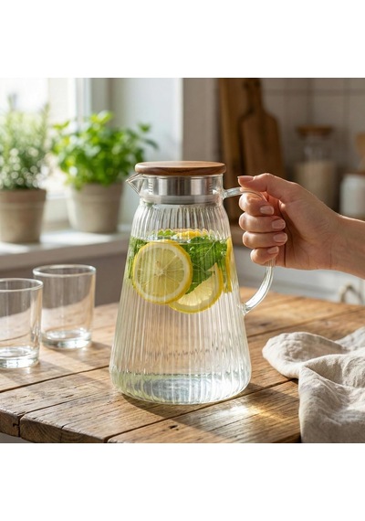 Akasya Kapaklı Borosilikat Cam Sürahi - 4 Farklı Model Ve 1.8 Lt Ve 2 Lt Büyük Boy Seçenekli Isıya Dayanıklı Meşrubat Ve Su Karafı İnce Çizgili Konik 1.8 Litre