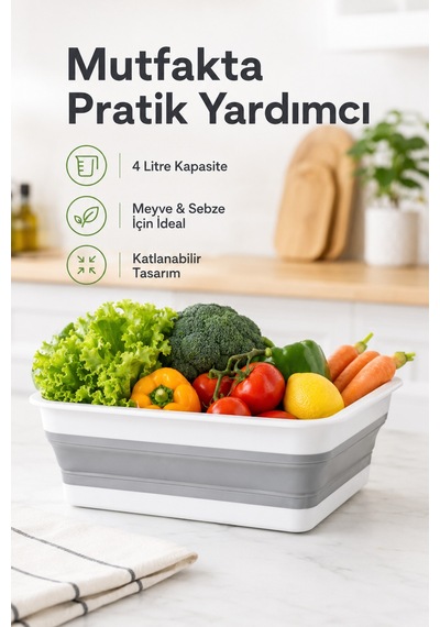 Katlanır Dikdörtgen Badya 4 Litre Pratik Katlanabilir Leğen Beyaz - Gri