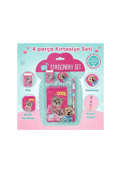 Lisanslı Studio Pets 4 Parça Kırtasiye Seti Defter Kalem Silgi Kalemtıraş Kedi Köpek Desenli - 9009511936663
