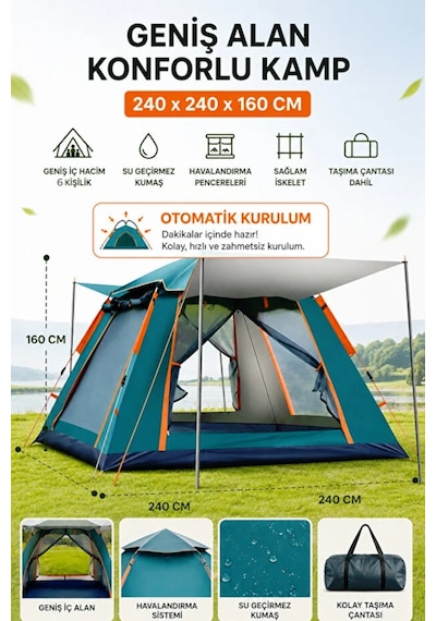 6 Kişilik Tam Otomatik Tenteli Çift Kapılı Kare Kamp Çadırı | 240 x 240 x 160cm | Su Geçirmez