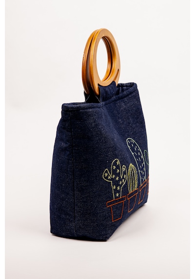 Fabric Craft Bag El Çantası Kot Kumaş Ahşap Saplı Kaktüs Nakışlı İçi Astarlı Mıknatıslı 38x30 Cm Kot Lacivert