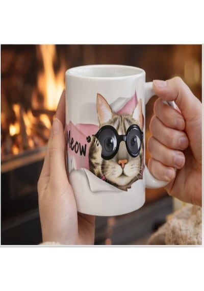 Meow Kedi Tasarımlı Seramik Kupa Sevimli Ve Şık Kahve Bardağı Beyaz