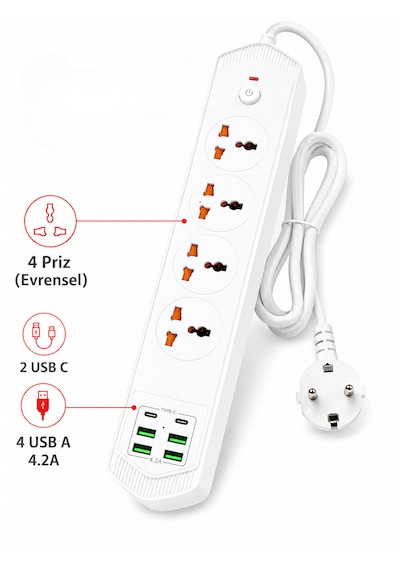4 Lü Akım Korumalı Evrensel Priz 3000w 10a, 2 Type-c + 4 Usb-a, 2 Metre Kablolu Çoklu Priz 1 - 3 M