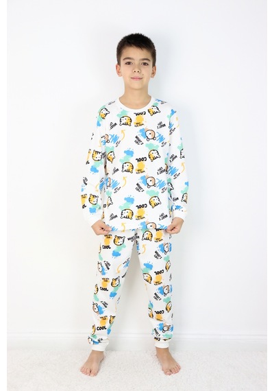 Harika Kids Erkek Çocuk Baskılı İnterlok Kumaş Uzun Kollu Pijama Takımı Beyaz - Mavi Harika Kids Erkek Çocuk Baskılı İnterlok Kumaş Uzun Kollu Pijama Takımı Beyaz - Mavi