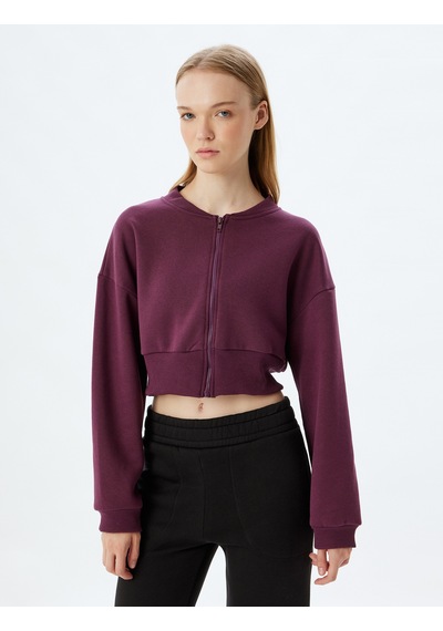 Koton Crop Oversize Sweatshirt Fermuarlı Cep Detaylı Bordo 5wak10194nk Bordo