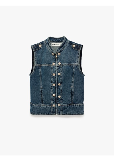 Koton Pamuklu Cepli Yuvarlak Yaka Kolsuz Denim Military Yelek Orta İndigo 7wal20008md