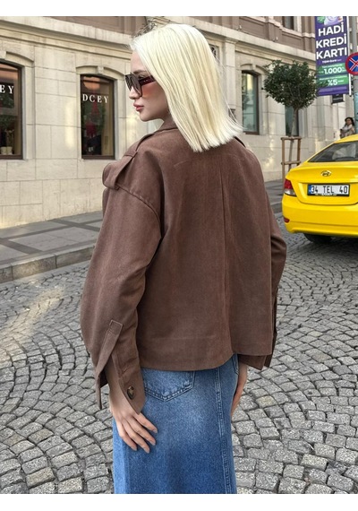 Madmext Kahverengi Kruvaze Yaka Düğmeli Kadın Süet Ceket Mg2626 Kahverengi