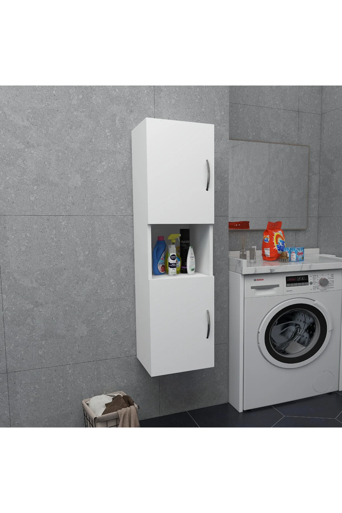 Irmak Mobilya 2 Kapaklı Bölmeli Banyo Asma Boy Dolabı Çok Amaçlı Duvara Monteli Dolap Beyaz