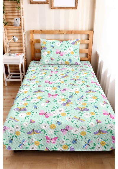 Evimde Bambaşka Kelebek Çiçek Mint Kız Çocuk Pike Takımı - Pastel Lila Sarı Bebek Odası Yatak Örtüsü - 160x220  CM