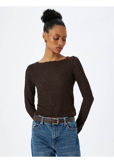 Koton Slim Fit Uzun Kollu Kayık Yaka Dokulu Tişört Kahverengi 5wak50368ek Kahve