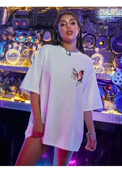 Kadın Tişört Kelebek Baskılı Oversize Kısa Kol T-shirt - Beyaz