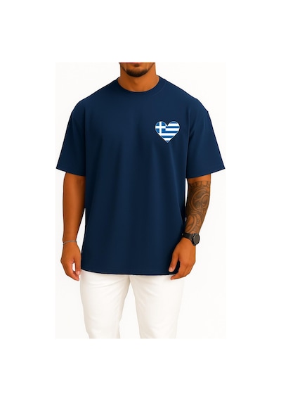 Bahriyeli Collection Oversize Flag Of Greece Graphy, Greece Cep Ve Sırt Tasarımlı Unisex T-shirt Lacivert