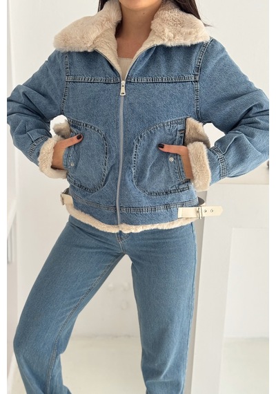 Kadın Kürk Astarlı Denim Ceket Sıcak & Sokak Stili Mavi