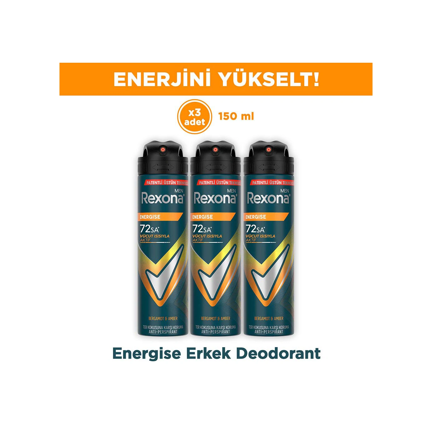 Rexona Men Erkek Sprey Deodorant Energise Bergamot & Amber 150 Ml X3