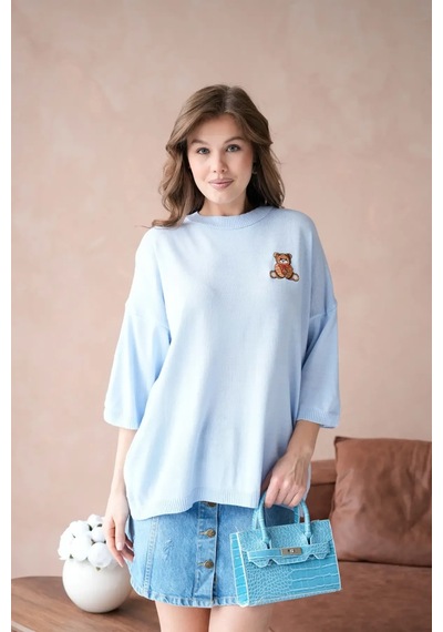 Park Karon 10729 Kadın Bisiklet Yaka Nakış Detay Oversize Trko Kazak Bebe Mavi