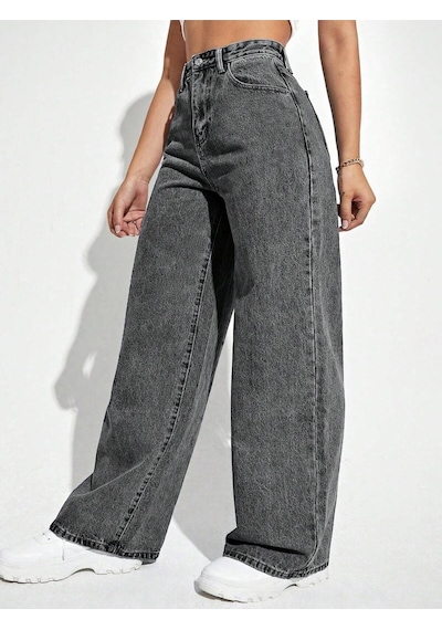 Palazzo Pantolon Füme Yüksek Bel Geniş Paça Bol Kesim Premium Jeans Gri
