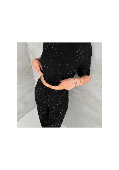 Asur Boutique Asur Butik Kadın Taşlı Bisiklet Yaka Alt Üst Takım Pantolonlu Şık Günlük Kombin Siyah