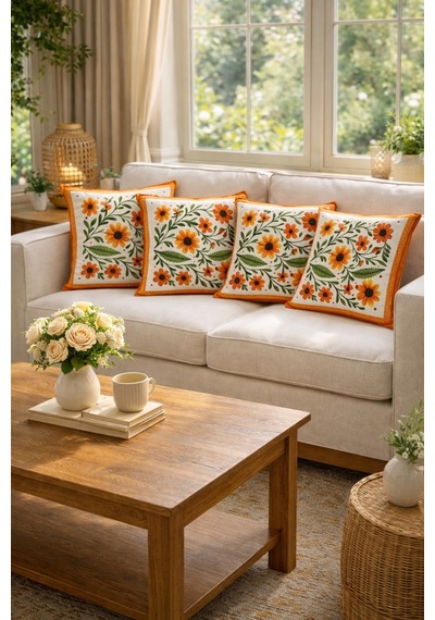 Tarzını Seç Kır Çiçek Desenli Salon Dekoru 4'lü Kırlent Kılıfı 40x38