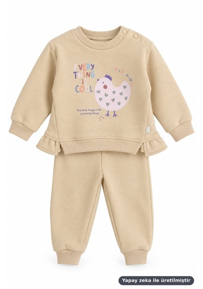 Ferasty İstanbul Unisex Bebek 2'li Takım Tavuk Baskılı Every Thing Is Cool Bej