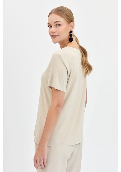 Desen Triko Kadın V Yaka Yakası Simli T-shirt Kmy24039 Vizon