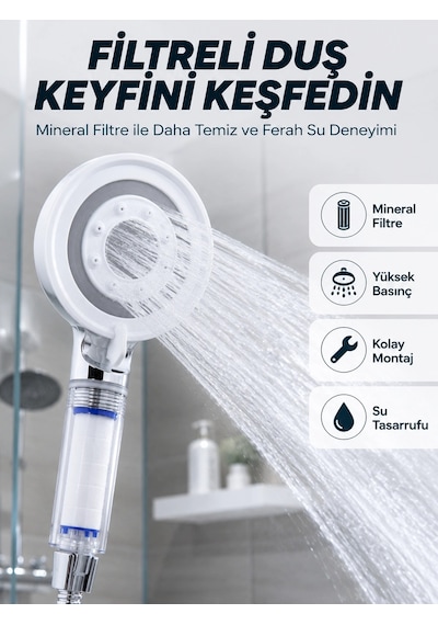 Şeffaf Filtre Hazneli Duş Başlığı Güçlü Akışlı Pratik Banyo Duşu Renkli