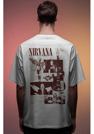 Sevbano Nirvana Rock Metal Müzik Grubu Baskılı Unisex Oversize Premium Ti Beyaz