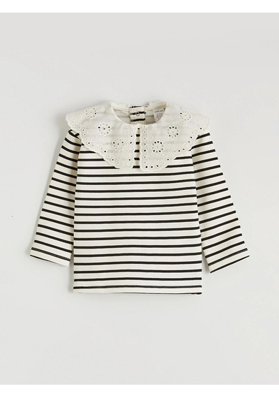 LC Waikiki Lcw Baby Ekru Bebe Yaka Kız Bebek Bluz Ve Tayt Ecru Strıped