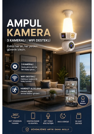 3 Kameralı Duy İle Çalışan 360 Dönebilir Geniş Açı Hareketi Bildiren Ampul Kamera