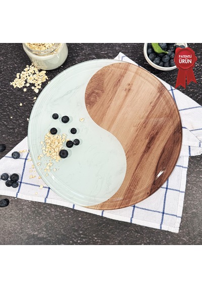 Kanallı Cam Kesme Tahtası - Yin Yang - Çap32cm - Patentli Ürün