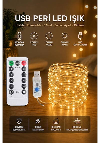 Tr Günışığı Renk Uzaktan Kumandalı Ve Fonksiyonlu 10 Metre Usb Peri Led Parti Kutlama Aydınlatma