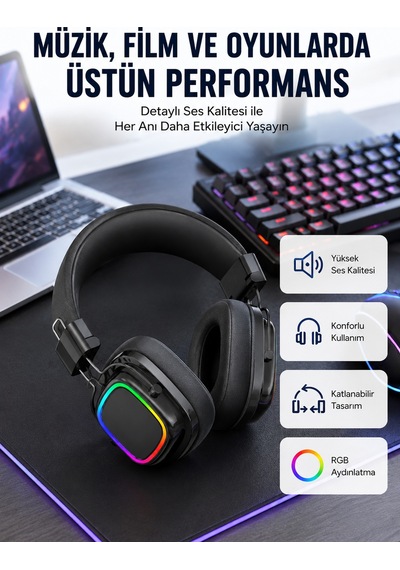 Rgb Işıklı Katlanabilir Bluetooth 5.3 Kulak Üstü Kulaklık - Bayi Depom