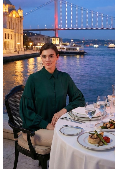 Lela Regular Fit Dikiş Detaylı Düz Yaka Balon Kol Bayan Gömlek 611Go00003 Zümrüt