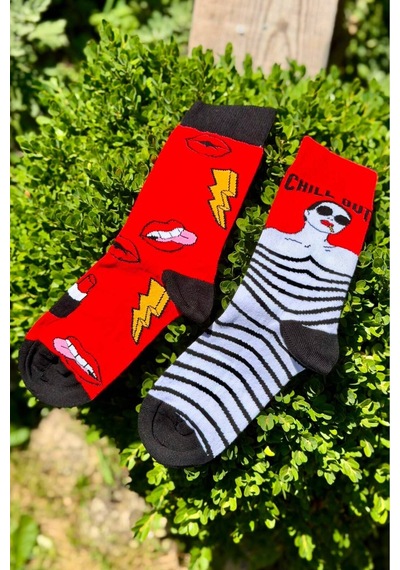 Lousocks Unisex Sağlı Sollu Chill Out Desenli Soket Çorap Kırmızı