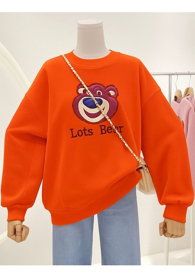 Benroma 3 İplik Penye Lost Bear Baskılı Unisex Sweatshırt Turuncu