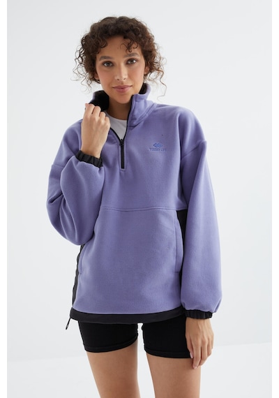 Tommy Life Açık Eflatun Yarım Fermuar Etek Ucu Büzgülü Dik Yaka Oversize Kadın Polar Sweatshirt - 97236 Eflatun