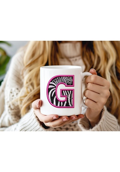 G Harfi Zebra Deseni Ve Pembe Kenarlı Kupa Bardak - Kişiye Özel Nakış Efektli - Siyah Beyaz Pembe Beyaz