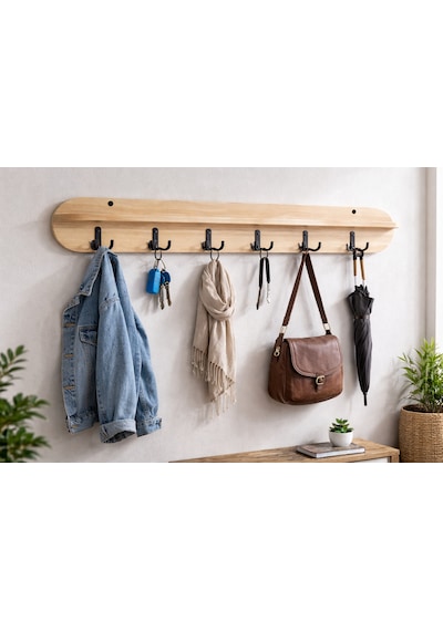 105 Cm 6 Kancalı Oval Kesim Ahsap Renk Duvara Monte Askılık Bal Meşe
