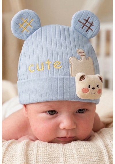 Kayra Baby Erkek Bebek Cute Ayıcık Figürlü Penye Şapka 0-9 Ay Mavi